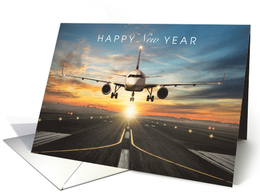 Happy New Year with Plane Landing on Runway at Sunset card (1811264)