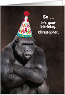 Custom Grumpy Male Gorilla in a Birthday Party Hat card
