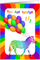 Rainbow Striped Zebra with Balloons Party Invitation card