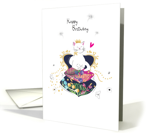 Birthday Cat with Princess Crown Sitting on a Throne of Cushions card