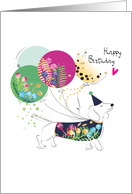 Birthday Dog with Party Hat and Watercolor Floral Balloons card