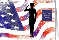 Bootcamp Sendoff Party Invitation with Female Soldier and US Flag card