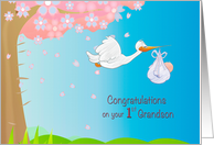 New First Grandson for Grandfather with Stork and Baby boy card