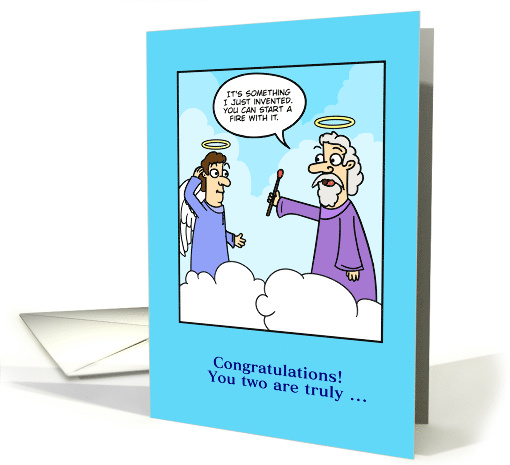 Comical Wedding Congratulations God Creates Match Funny Cartoon card