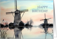 Birthday General Fine Art Landscape Windmills at Dawn Holland card