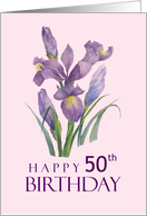 Happy 50th Birthday Purple Irises Watercolor Floral Illustration card