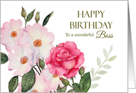 For Boss on Birthday Watercolor Pink Roses Illustration card