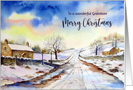 For Grandson on Christmas Wintery Lane Watercolor Painting card