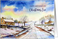 Happy Birthday on Christmas Eve Wintery Lane Watercolor Painting card