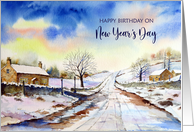 Happy Birthday on New Year’s Day Wintery Lane Watercolor Painting card