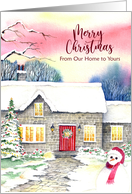 From Our Home to Yours on Christmas Snowy Cottage Watercolor Painting card