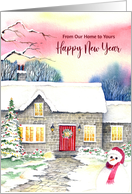 From Our Home to Yours on New Year Snowy Cottage Watercolor Painting card