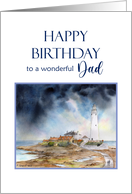 For Dad on Birthday Whitley Bay St Mary’s Lighthouse Watercolor card