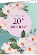 For 20th Birthday Watercolor Pink Roses Botanical Flower Painting card