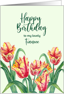 For Fiancee on Birthday Watercolor Yellow Parrot Tulips Illustration card