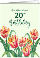 20th Birthday Wishes Watercolor Bright Yellow Parrot Tulips Painting card