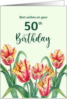 50th Birthday Wishes Watercolor Bright Yellow Parrot Tulips Painting card