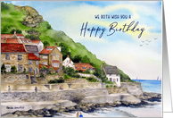 From Both of Us on Birthday Runswick Bay Beach Watercolor Painting card