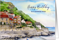 For Artist on Birthday Runswick Bay Watercolor Landscape Painting card