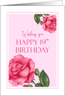 19th Birthday Wishes Watercolor Pink Rose Botanical Illustration card