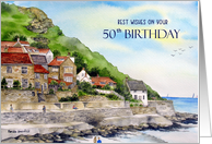 50th Birthday Wishes Runswick Bay England Watercolor Painting card