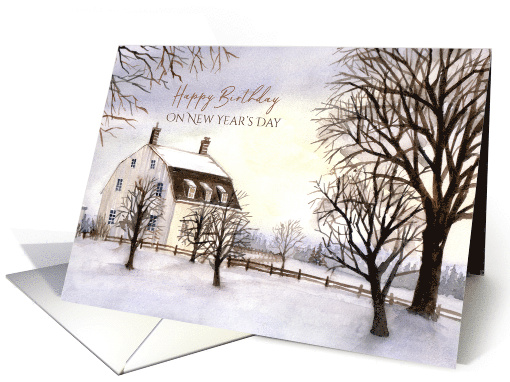 Happy Birthday on New Year's Day Winter in New England Painting card