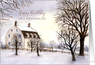 Birthday on Christmas Eve Winter in New England Watercolor Painting card