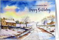 For Son on Birthday Wintery Lane Watercolor Landscape Painting card