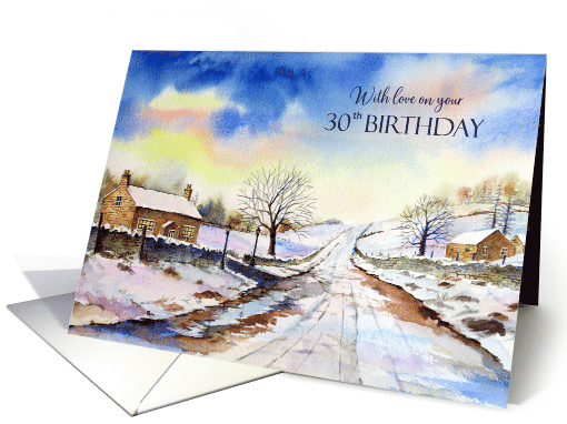 30th Birthday Wishes Wintery Lane Watercolor Landscape Painting card