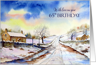 65th Birthday Wishes Wintery Lane Watercolor Landscape Painting card