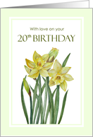 For 20th Birthday Watercolor Daffodils Botanical Floral Illustration card
