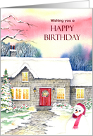 General Birthday Snowy Cottage Snowman Watercolor Painting card