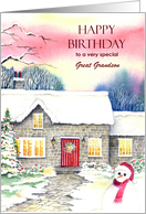 For Great Grandson Birthday Snowy Cottage Custom Watercolor Painting card