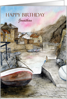 For Jonathan on Birthday Custom Staithes England Watercolor Painting card
