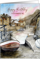 For Wife on Birthday Staithes England Landscape Watercolor Painting card