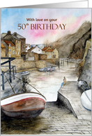 For 50th Birthday Staithes Yorkshire England Coast Watercolor Painting card