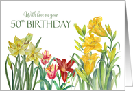 For 50th Birthday Spring Flowers Watercolor Floral Illustration card