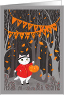 Happy Halloween Cute Cat and Jack O Lantern in Woods card
