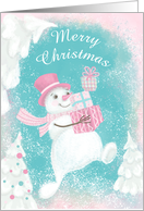 Merry Christmas cute Snowman in Pink Top Hat card