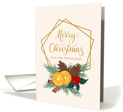 Boss Christmas with Geometric Frame Holly Pine Cones and Spices card
