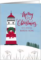 Birth Son Merry Nautical Christmas with Bow on Lighthouse card