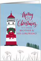 Brother and Girlfriend Merry Nautical Christmas with Bow on Lighthouse card