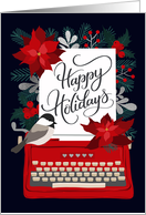 Happy Holidays with Typewriter Surrounded by Berries and Poinsettias card