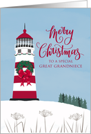 Great Grandniece Merry Nautical Christmas with Bow on Lighthouse card