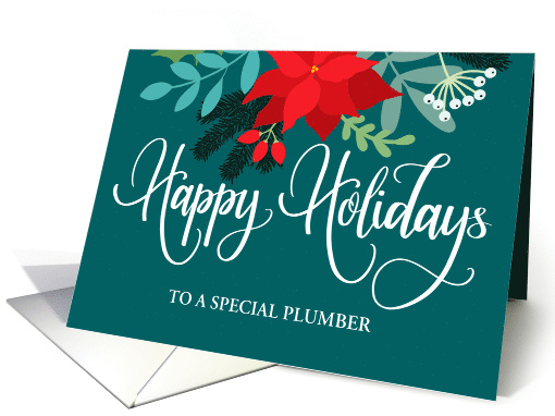 Customizable Happy Holidays Plumber with Poinsettias and Berries card