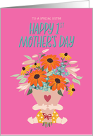 1st Mother’s Day for Sister with Light Skin Tone Baby holding Flowers card