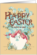 Happy Easter to Two Moms with White Egg of Forget Me Not Flowers card