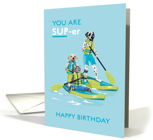 Birthday for Kids Dalmatian and Cat Stand Up Paddle Boarding card