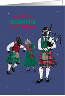 Birthday Dogs and Cat in Kilts Play Bonnie Bagpipes card