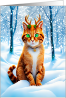 Holiday Orange Tabby Cat in Snow Wearing Collar and Reindeer Antlers card